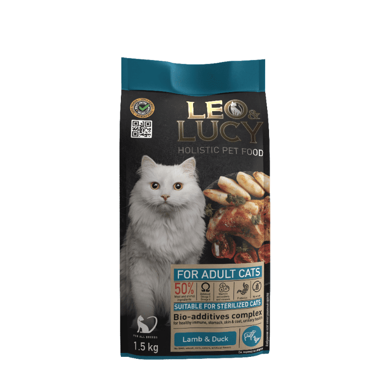 LEO&LUCY холистик 1,5кг корм для кошек с ягненком, уткой и биодобавками, подходит для стерилизованных