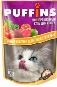 Puffins консерв. 100г для кошек Телятина с печенью сочные кус-ки в СОУСЕ